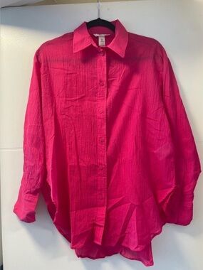 🩵H&M Hot Pink Crinkle Button-Up Blouse | Oversized Lightweight Shirt XS
